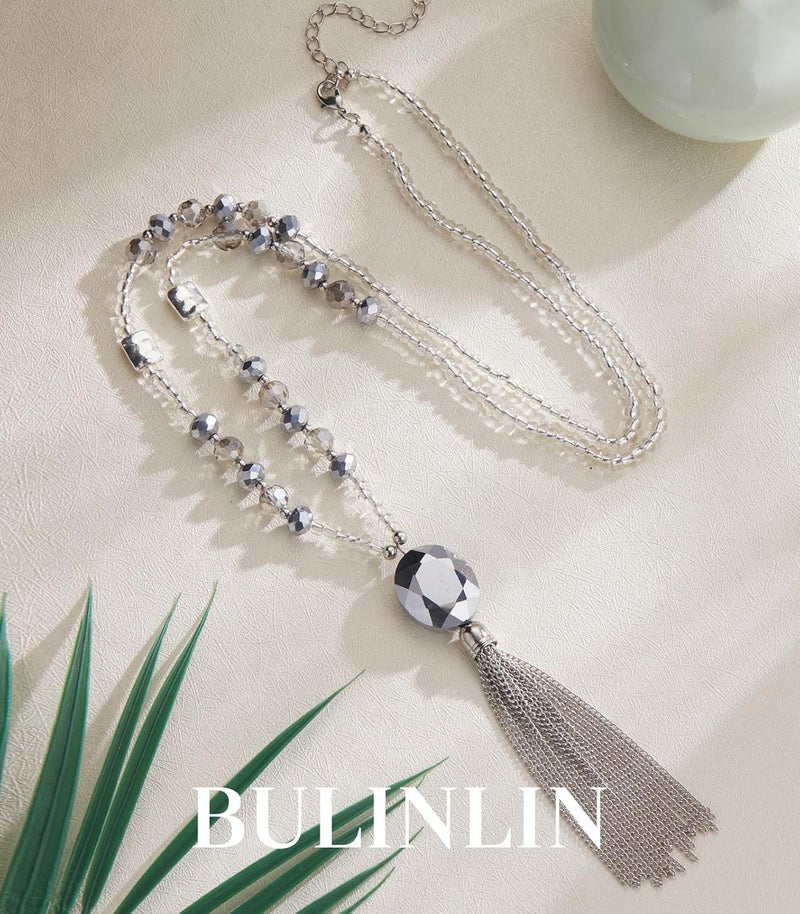 BULINLIN Boho Beaded Long Necklaces for Women Chunky Bead Pendant Necklace with Crystal Tassel Costume Jewelry Gifts for Her - Image 2